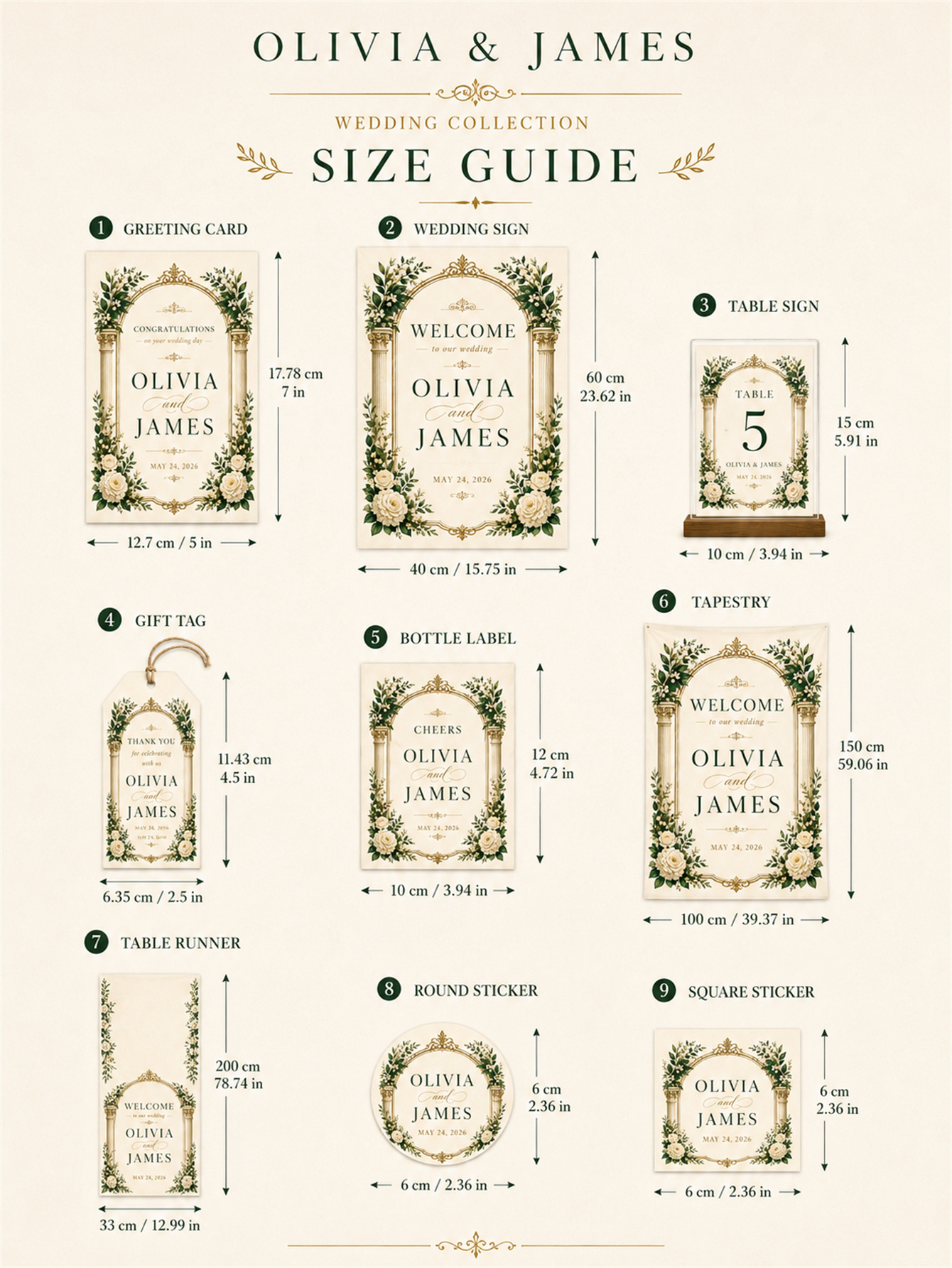 Luxurious ivory and gold wedding decorations - floral arch designs with white roses and classical column elements - custom names and dates